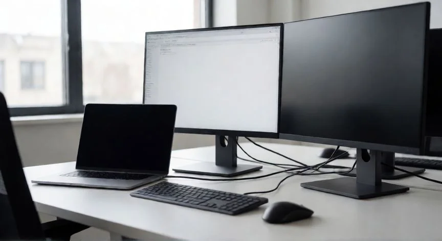 que ordenador dan con el kit digital, Equipo informático de sobremesa con doble monitor en oficina moderna