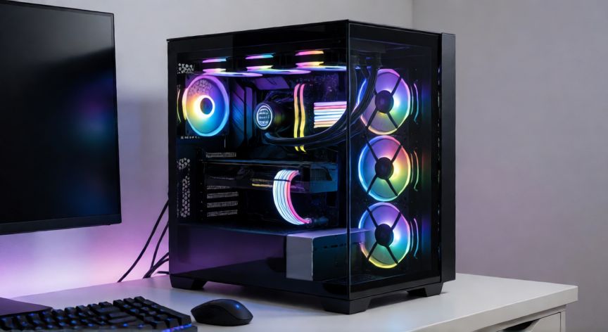 que ordenador de sobremesa comprar para casa, PC de sobremesa con iluminación RGB y componentes de alto rendimiento sobre un escritorio