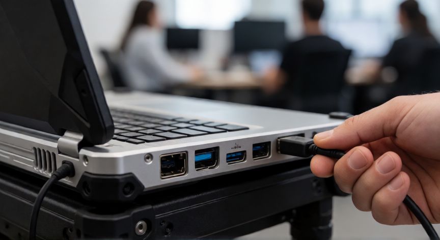 que ordenador elegir el kit digital, Detalle de puertos de conexión y chasis metálico de un portátil resistente