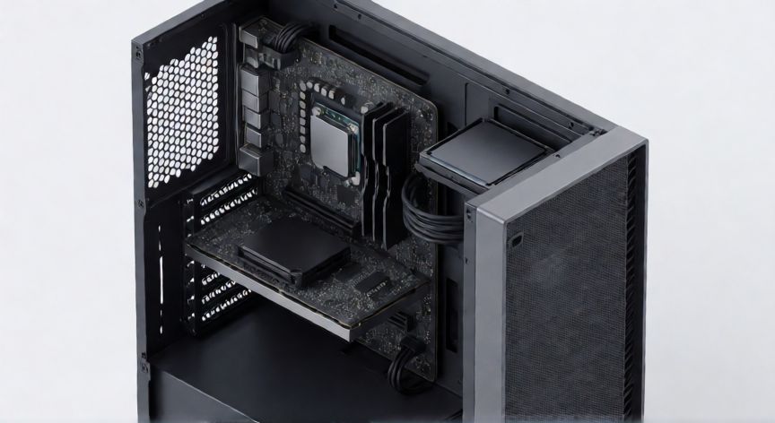 que ordenador es, Vista isometrica recortada de una torre de ordenador mostrando componentes internos como CPU y RAM