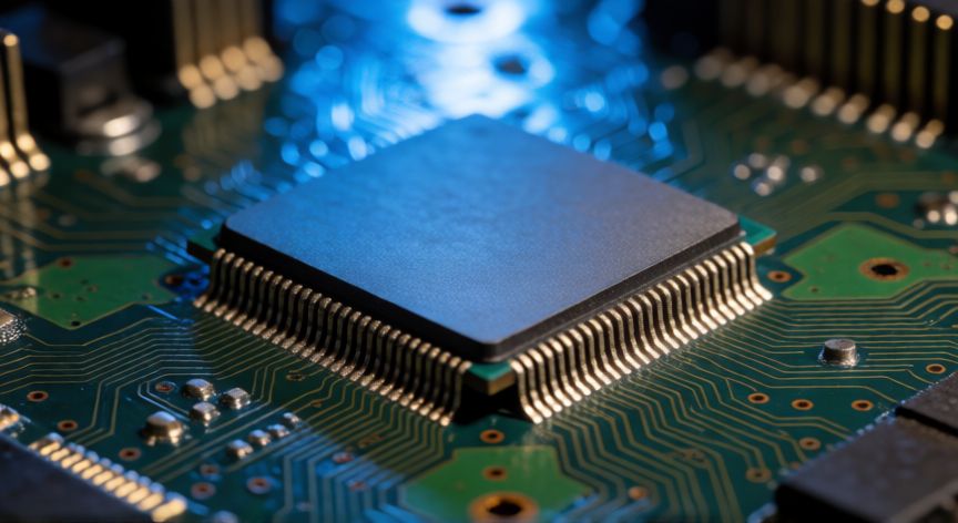 que ordenador es, Primer plano macro de un microprocesador sobre una placa base con detalles electronicos