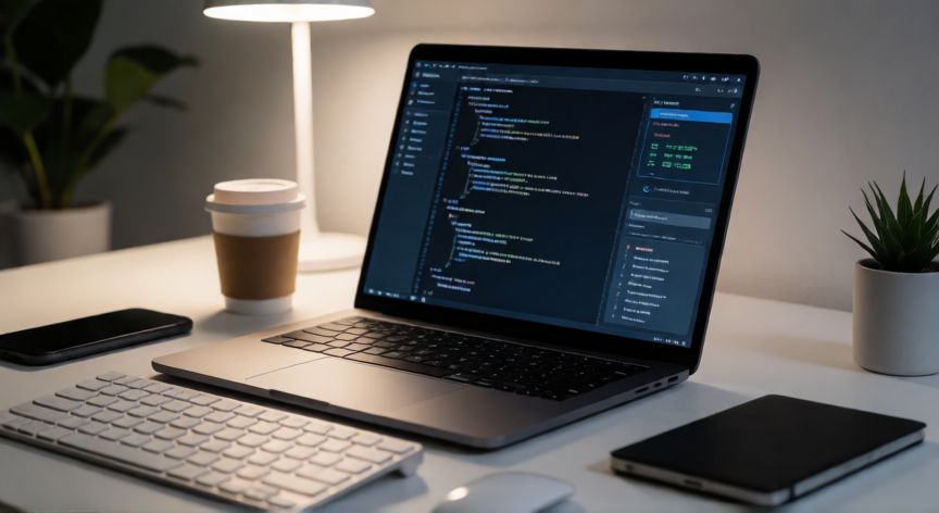 qué ordenador es mejor, Portátil moderno en un escritorio de trabajo minimalista