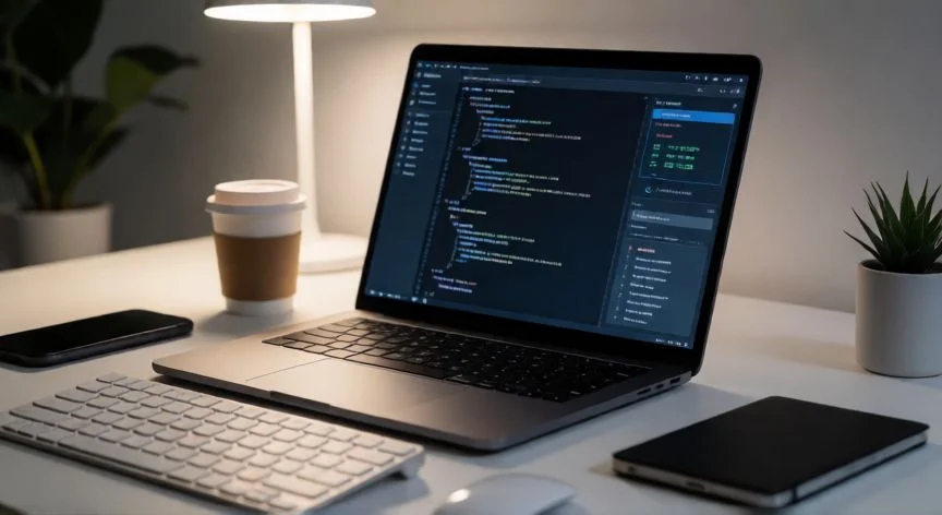 Portátil moderno en un escritorio de trabajo minimalista