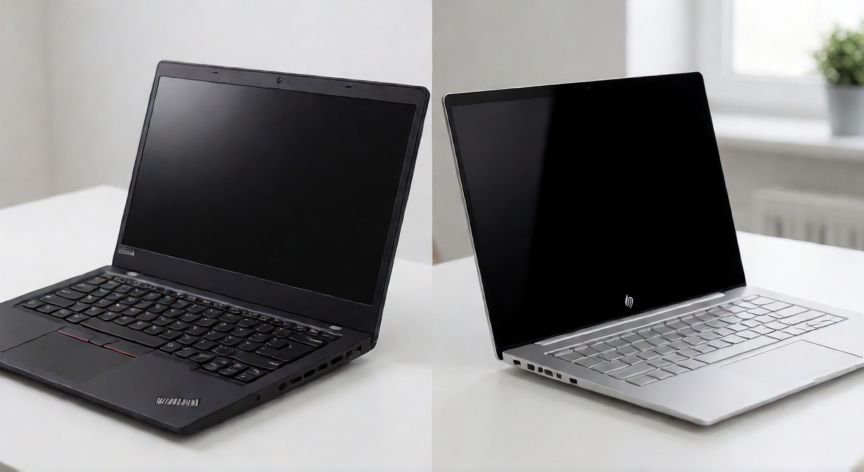 que ordenador es mejor lenovo o hp, Comparativa visual entre un portátil Lenovo ThinkPad y un HP Spectre sobre una mesa de trabajo