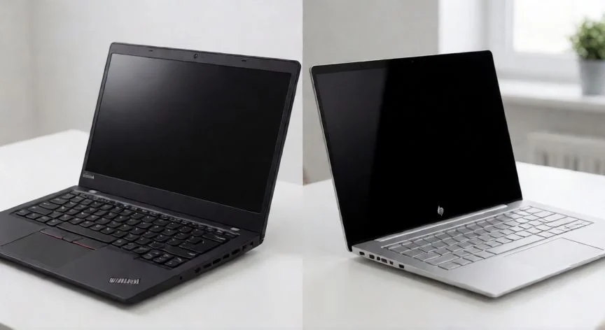 Comparativa visual entre un portátil Lenovo ThinkPad y un HP Spectre sobre una mesa de trabajo