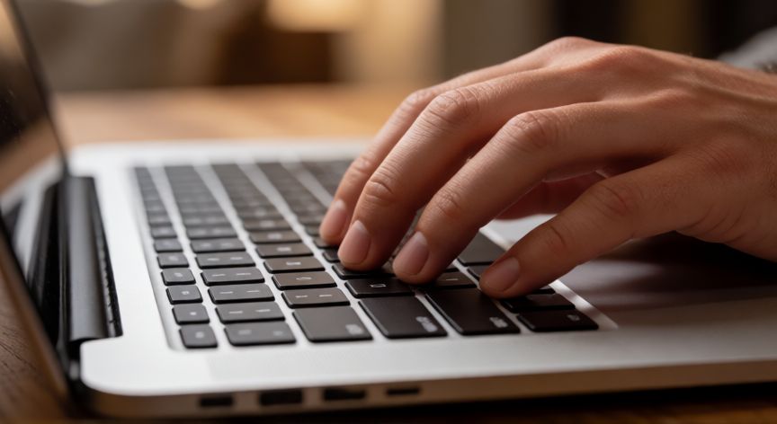 que ordenador es mejor lenovo o hp, Detalle de un teclado de portátil moderno y elegante en un entorno de oficina en casa