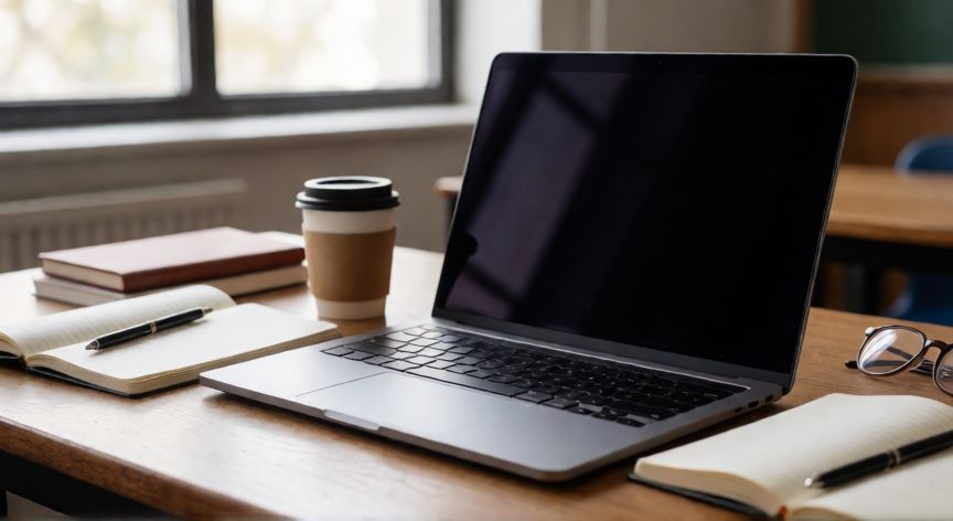que ordenador es mejor para la universidad, Portátil moderno sobre un escritorio universitario con apuntes y café