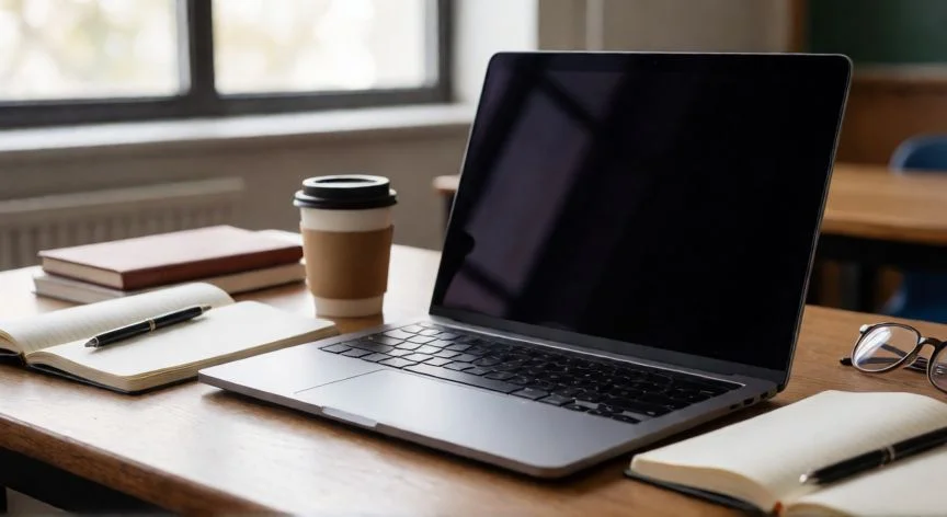 que ordenador es mejor para la universidad, Portátil moderno sobre un escritorio universitario con apuntes y café