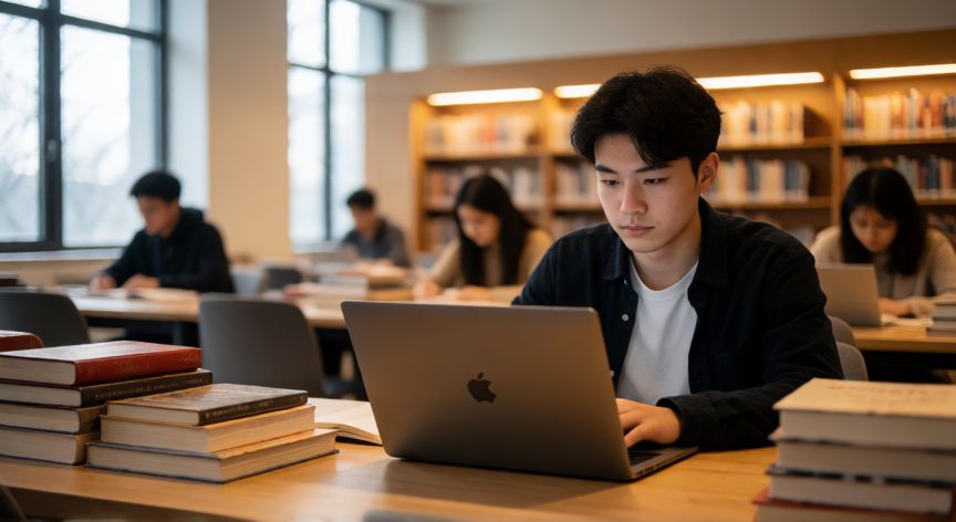 que ordenador es mejor para la universidad, Estudiante concentrado en su portátil en una biblioteca universitaria