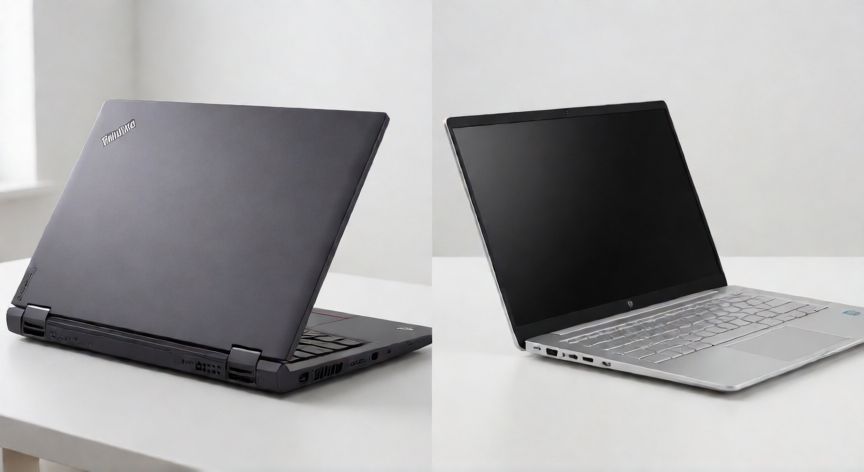 qué ordenador es mejor.lenovo.o hp, Comparativa visual de un portátil Lenovo y un portátil HP sobre un escritorio
