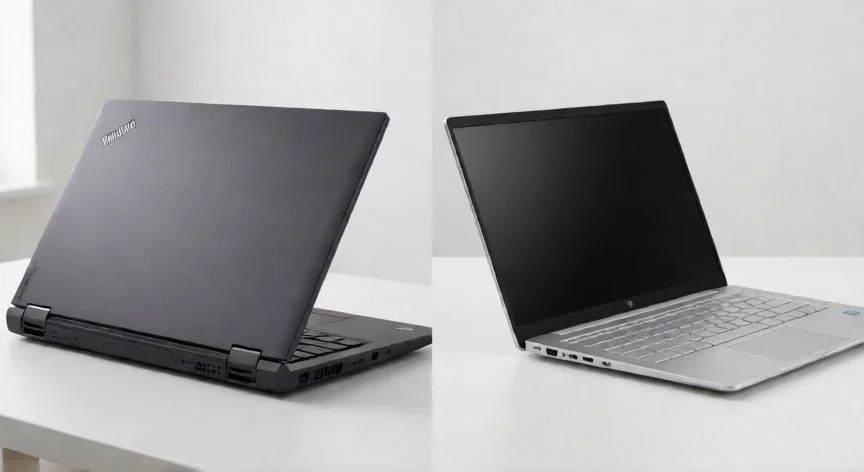 Comparativa visual de un portátil Lenovo y un portátil HP sobre un escritorio