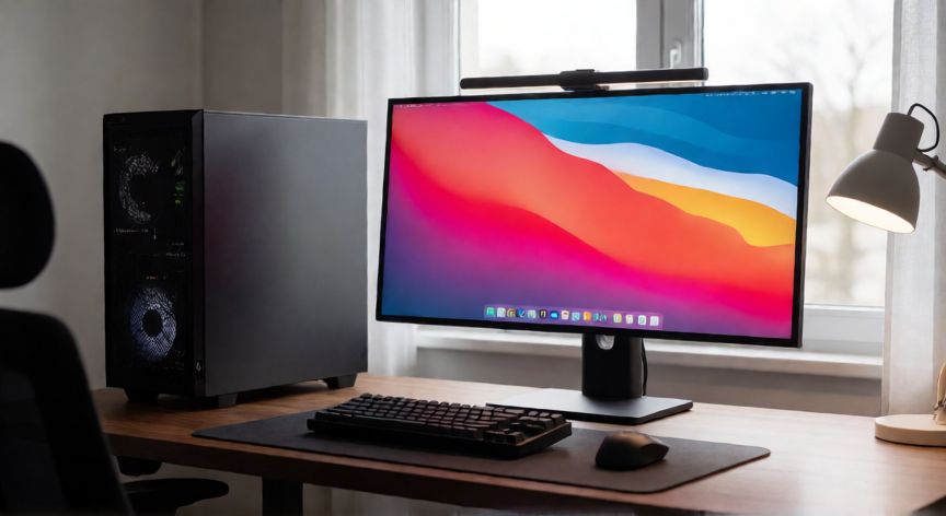 que ordenador me compro para casa, Estación de trabajo de escritorio moderna con monitor ultrapanorámico