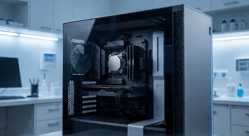 qué ordenador necesito para exocad, Torre de ordenador de alto rendimiento con hardware visible para software Exocad
