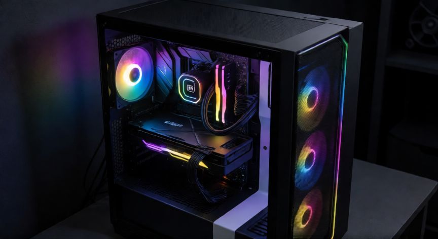 que ordenador necesito para iracing, Torre de ordenador de alto rendimiento con componentes internos visibles e iluminación RGB