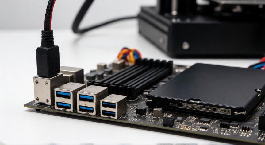 que ordenador necesito para una impresora 3d, Detalle de puertos USB y disco SSD en un ordenador para impresora 3D