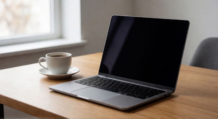 que ordenador portatil comprar, Portátil delgado y moderno sobre escritorio de madera en oficina