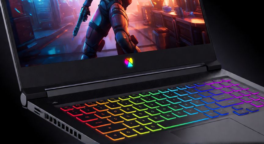 que ordenador portatil comprar, Portátil gamer con teclado RGB y diseño futurista en entorno oscuro