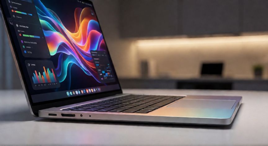 que ordenador portatil comprar 2026, Vista lateral de un portátil ultraligero moderno con diseño minimalista