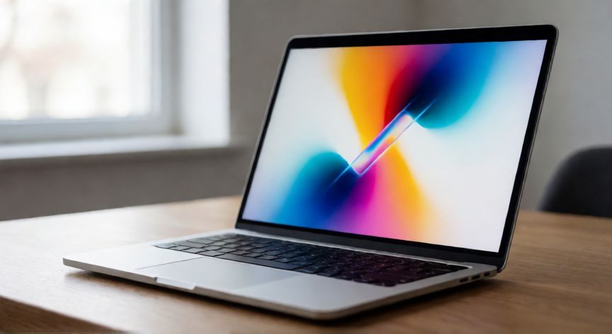 que ordenador portatil comprar en 2025, Portátil moderno sobre un escritorio de madera con pantalla brillante