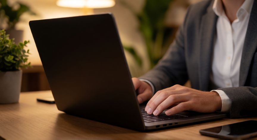 que ordenador portatil comprar en 2025, Persona usando un portátil negro en una oficina en casa acogedora