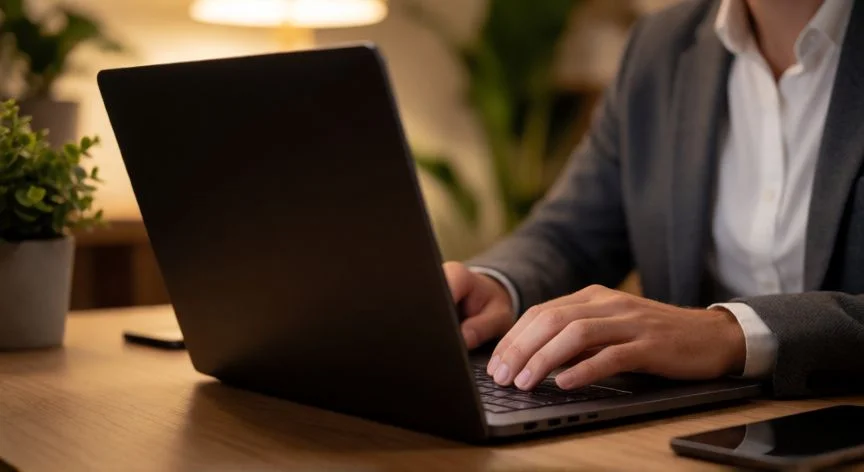 que ordenador portatil comprar en 2025, Persona usando un portátil negro en una oficina en casa acogedora