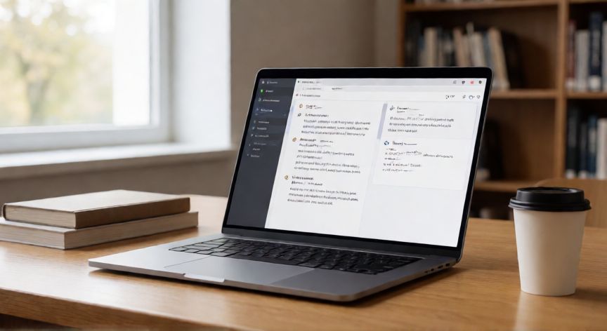 que ordenador portatil comprar para estudiantes, Portátil ligero de aluminio abierto en una biblioteca universitaria con libreta y café