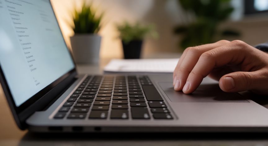 que ordenador portatil comprar para estudiantes, Primer plano de manos escribiendo en un teclado de portátil moderno en una habitación de estudio
