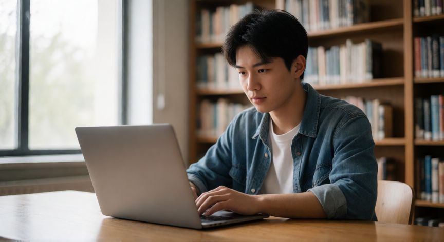 que ordenador portatil comprar para la universidad, Estudiante universitario trabajando en un portátil moderno en la biblioteca