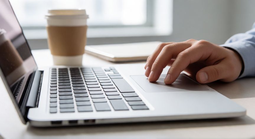 que ordenador portatil comprar para la universidad, Detalle de teclado y manos escribiendo en un portátil en un entorno de estudio moderno