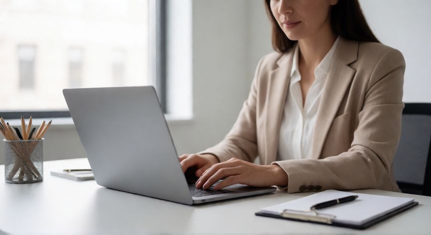 que ordenador portatil comprar para trabajar, Mujer profesional trabajando en un portátil moderno en una oficina luminosa