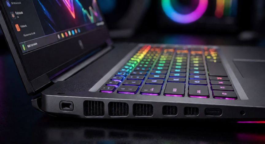 que ordenador portatil comprar para trabajar, Detalle de teclado de portátil de alto rendimiento con iluminación RGB y ventilaciones