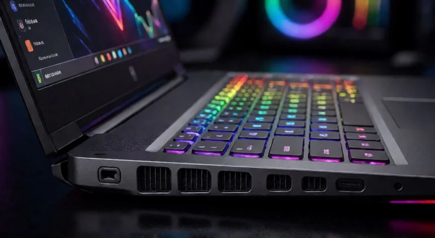 que ordenador portatil comprar para trabajar, Detalle de teclado de portátil de alto rendimiento con iluminación RGB y ventilaciones