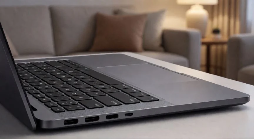 que ordenador portatil comprar para uso domestico, Detalle de teclado y puertos de un ordenador portátil