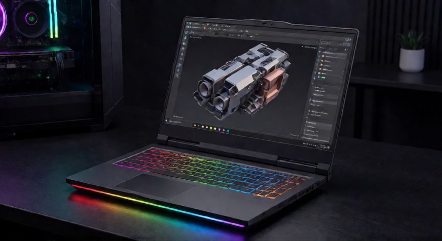 que ordenador portátil me recomiendan, Portátil de alto rendimiento con teclado RGB y pantalla mostrando modelado 3D