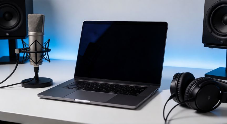 que ordenador tiene illojuan, Setup de escritorio con portátil de gama alta y equipo de audio profesional