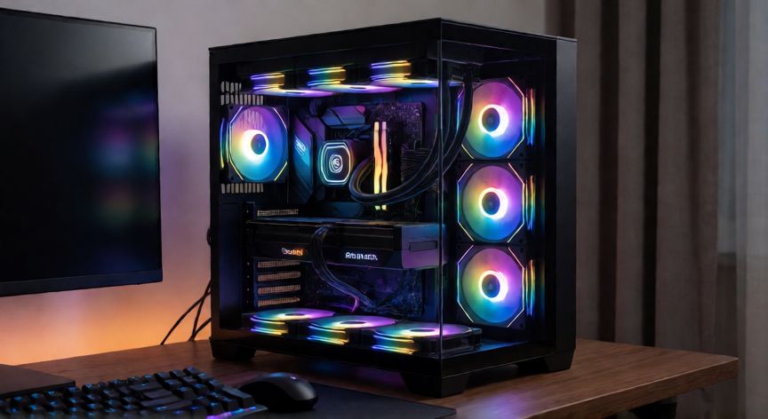 que ordenador tiene illojuan, Torre de ordenador personalizada con componentes visibles y iluminación RGB