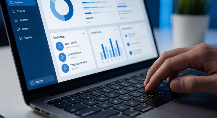 qué ordenadores entran en el kit digital, Pantalla de ordenador con panel de control digital y manos escribiendo en teclado