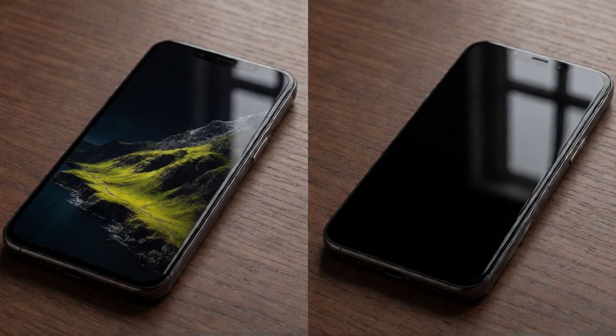 Comparación visual entre pantallas OLED y AMOLED mostrando negros puros y colores vibrantes en dos móviles modernos