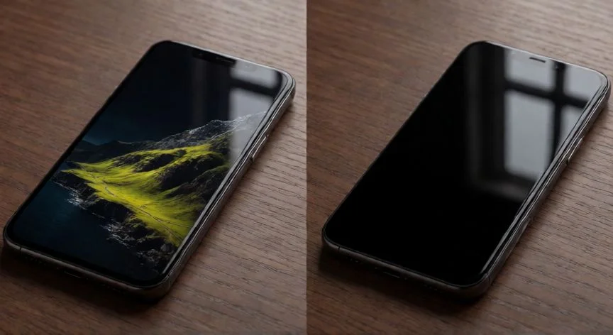 Comparación visual entre pantallas OLED y AMOLED mostrando negros puros y colores vibrantes en dos móviles modernos