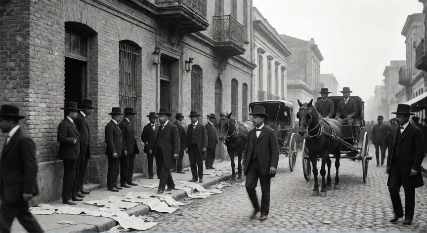 que paso 1893 en argentina, Calle de Buenos Aires en 1893 con transeúntes y carruajes durante la crisis económica