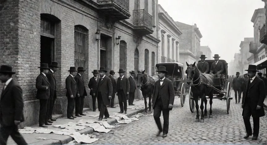 Calle de Buenos Aires en 1893 con transeúntes y carruajes durante la crisis económica