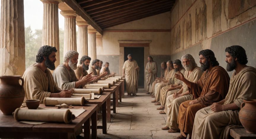 que paso 400 años antes de cristo, Filósofos griegos debatiendo en una stoá antigua durante el siglo V a.C.