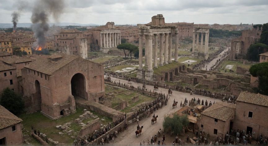 que paso 476 dc, Vista aérea de Roma en el siglo V tras la caída del Imperio Romano de Occidente