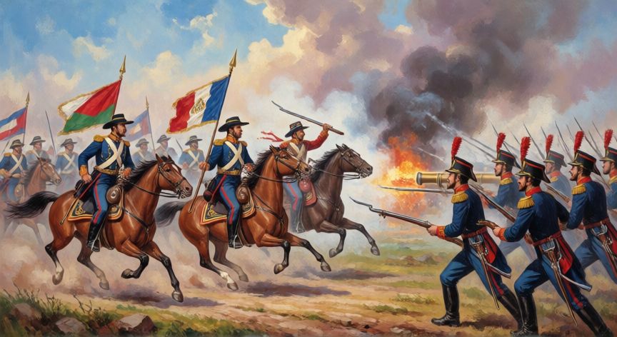 que paso 5 de mayo, Pintura histórica de la Batalla de Puebla en 1862 con soldados mexicanos y franceses