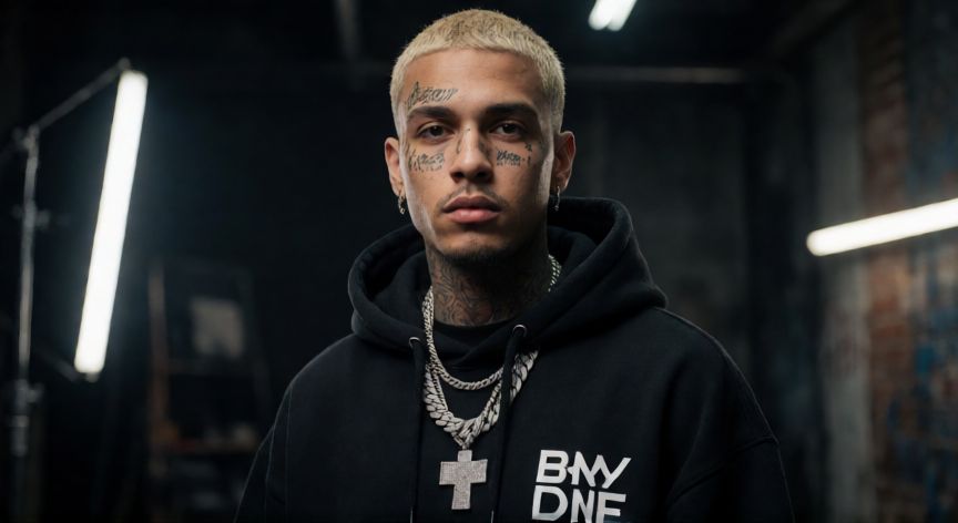 que paso 6ix9ine, Retrato de 6ix9ine con tatuajes faciales y ropa urbana