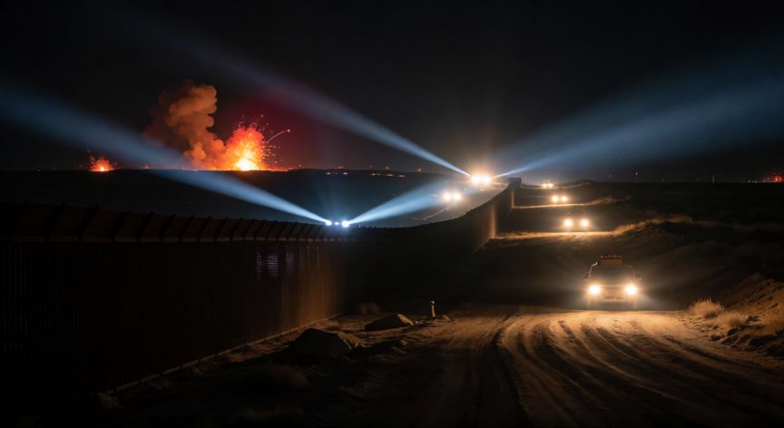 que paso 7 octubre en israel, Vista nocturna de la frontera con luces de vehículos militares y explosiones al fondo