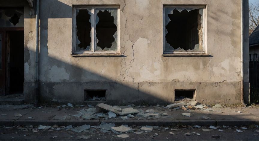 que paso 7 octubre en israel, Fachada de una vivienda dañada con ventanas rotas y escombros en la calle durante el día