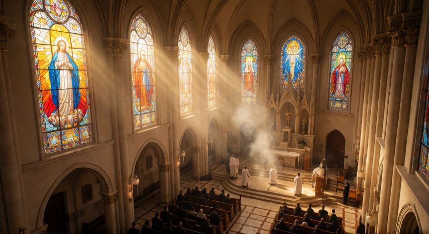 que paso 8 de diciembre, Catedral católica con luz dorada durante la celebración de la Inmaculada Concepción