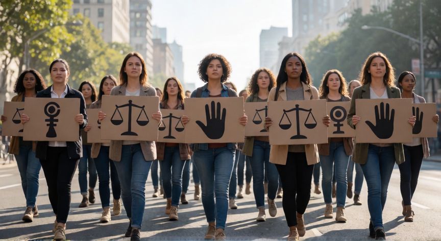 que paso 8 de marzo dia de la mujer, Mujeres de diversas etnias marchando por la igualdad en una avenida urbana