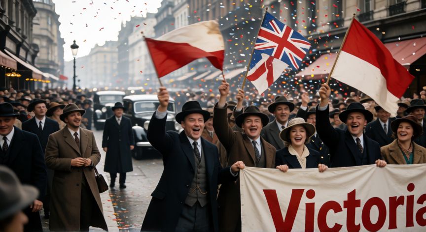 que paso 8 de mayo, Celebraciones de la Victoria en Europa el 8 de mayo de 1945 con multitudes en las calles
